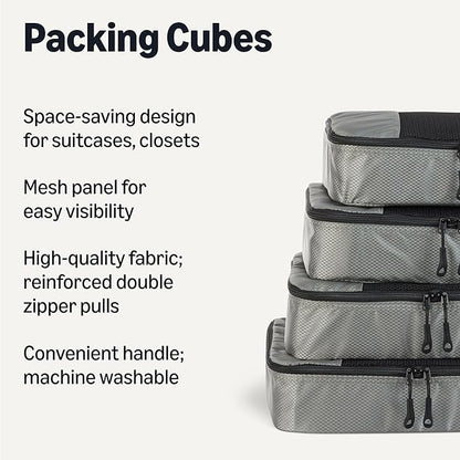 Amazon Essentials 4-Piece Packing Cubes Travel Accessories Set, Luggage Organizer with Double Zipper, Mesh Top, 100% Polyester, Medium, Gray (Previously Amazon Basics)