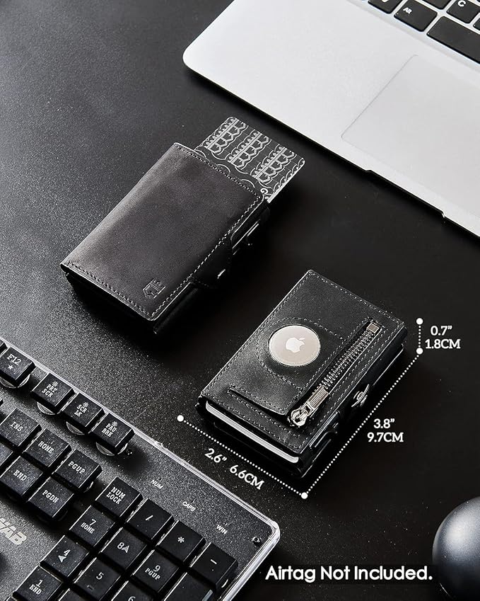 Mens Wallet Card Holder for AirTag, Leather Smart Wallet for Men, Airtag Wallet Pop Up Wallet, RFID Blocking, Slim, Carbon Fiber, Minimalist - 10-14 Card Capacity | ID Window | Cash Slot (Black)