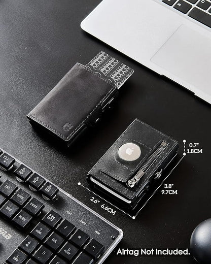 Mens Wallet Card Holder for AirTag, Leather Smart Wallet for Men, Airtag Wallet Pop Up Wallet, RFID Blocking, Slim, Carbon Fiber, Minimalist - 10-14 Card Capacity | ID Window | Cash Slot (Black)