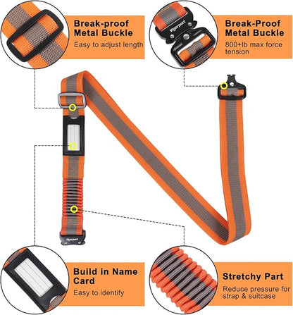 Vigorport Luggage Straps for Suitcases 2 Pack, Heavy Duty Metal Buckle Luggage Belt Strap, TSA Approved Suitcase Belt, Stretchable Travel Strap for Luggage (Orange, 72''L & 79''L)