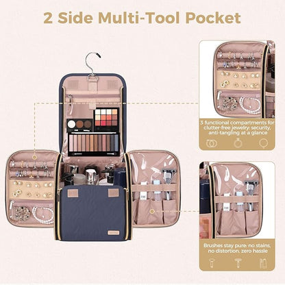 Hanging Toiletry Bag & Makeup Bag for Women with Jewelry Organizer - TSA Approved Large Capacity Travel Cosmetic Organizer, Waterproof Shower Essentials Case with Transparent Pockets