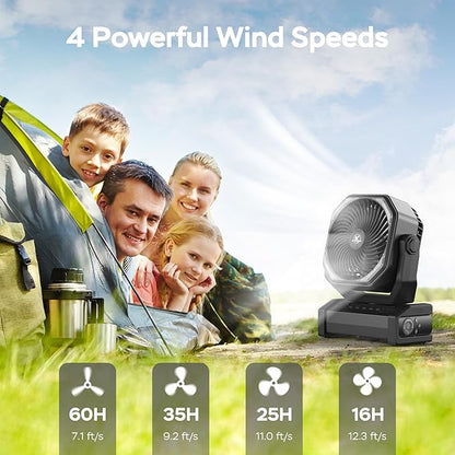 KITWLEMEN Camping Fan with Light - 20000mAh Rechargeable Battery Fan, 60Hrs Max Run Time, 4 Speeds, Timer, Auto Oscillation, 270° Pivot & Hook for Camping, Power Outage, Hurricane