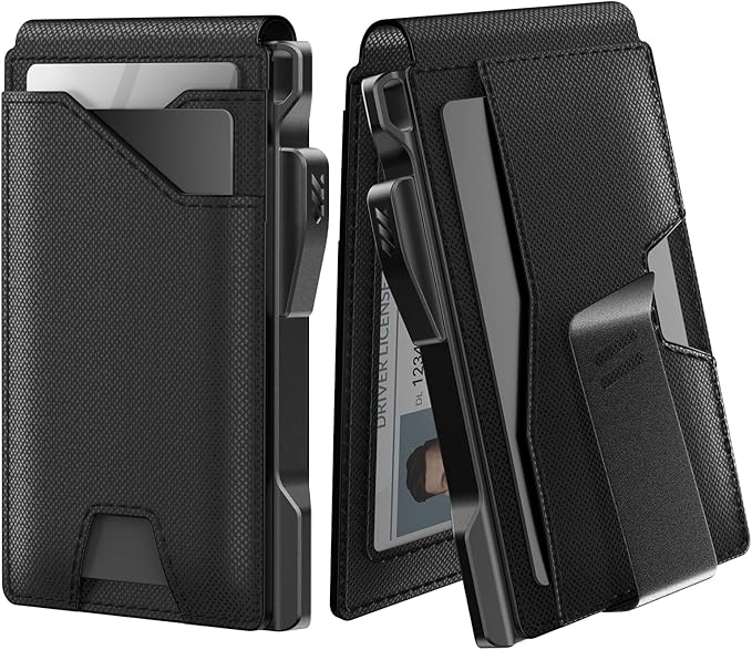 typecase Tactical Wallet for Men Card Holder: Pop Up Card Case, Genuine Leather, Smart, RFID Blocking, Slim, Minimalist, Thin, Front Pocket - 9-13 Card Capacitiy, ID Window, Money Clip (Dark Black)