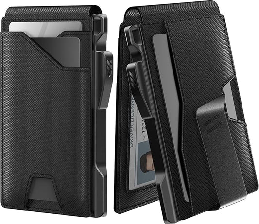 typecase Tactical Wallet for Men Card Holder: Pop Up Card Case, Genuine Leather, Smart, RFID Blocking, Slim, Minimalist, Thin, Front Pocket - 9-13 Card Capacitiy, ID Window, Money Clip (Dark Black)