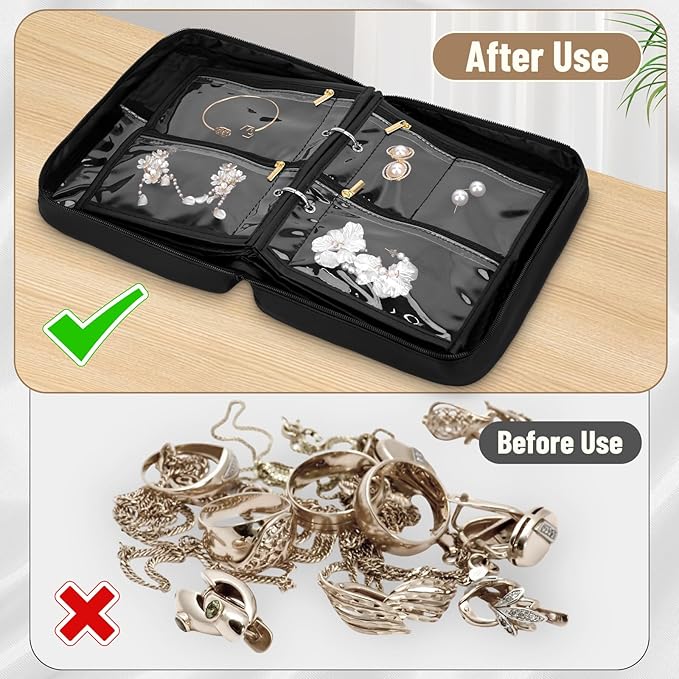Yotako Travel Jewelry Organizer Case-Jewelry Organizer Jewelry Storage Book Binder with Clear Zipper Velvet Pouch for Travel Home Use, Jewelry Bags for Earrings, Rings, Necklace, Bracelet, Black