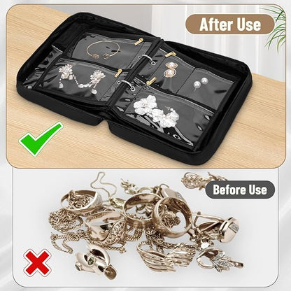 Yotako Travel Jewelry Organizer Case-Jewelry Organizer Jewelry Storage Book Binder with Clear Zipper Velvet Pouch for Travel Home Use, Jewelry Bags for Earrings, Rings, Necklace, Bracelet, Black