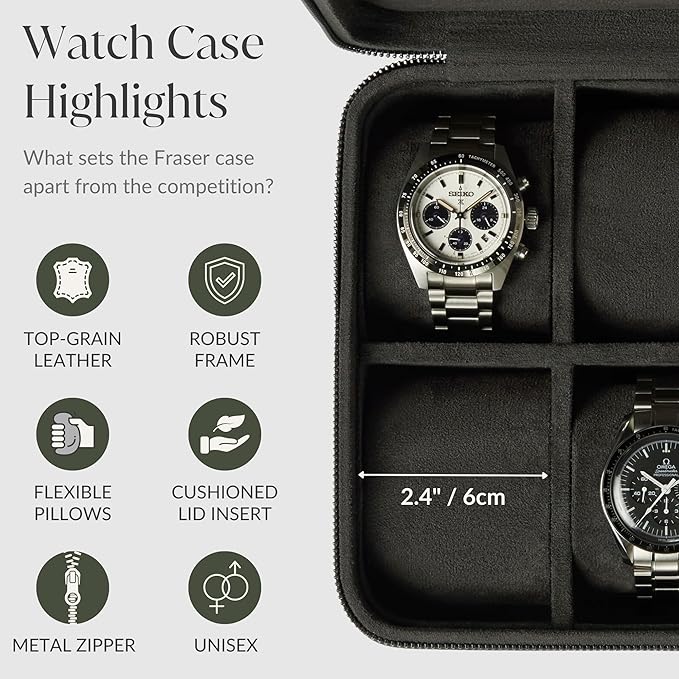 TAWBURY Watch Case - 4 Slot Genuine Top-Grain Leather Watch Box for Men & Women with Extra Wide Pillows for Large Watches - Portable Wristwatch Storage for Home & Travel (Black)