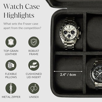 TAWBURY Watch Case - 4 Slot Genuine Top-Grain Leather Watch Box for Men & Women with Extra Wide Pillows for Large Watches - Portable Wristwatch Storage for Home & Travel (Black)