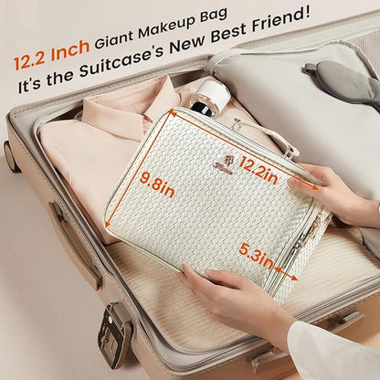 Makeup Bag with LED Lighted Mirror 12.2 IN Travel Double Layer Makeup Case Adjustable Brightness in 3 Colors Cosmetic Organizer Artist Storage with Dividers Brush Holder Vanity Beige