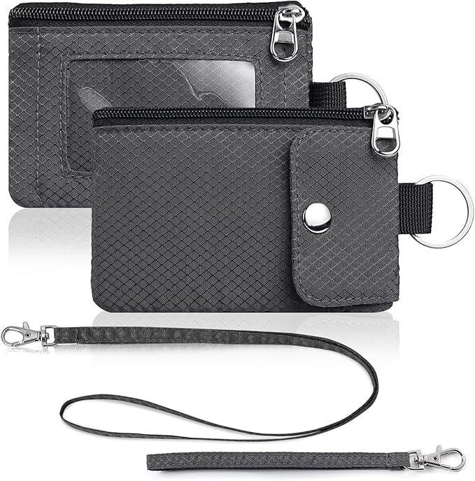 Minimalist Wallet For Mens Womens, Keychain RFID Blocking Zipper Small Wallet with ID Window 2 Lanyards,Water Resistant Travel Cash Card Coin Case Boys Girls