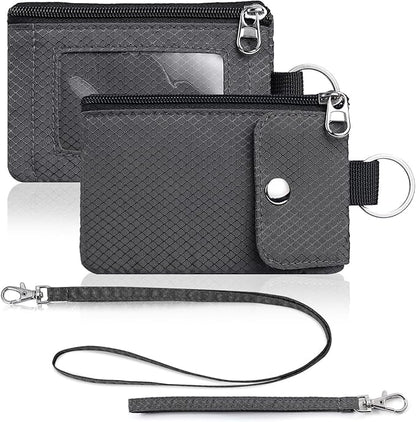 Minimalist Wallet For Mens Womens, Keychain RFID Blocking Zipper Small Wallet with ID Window 2 Lanyards,Water Resistant Travel Cash Card Coin Case Boys Girls