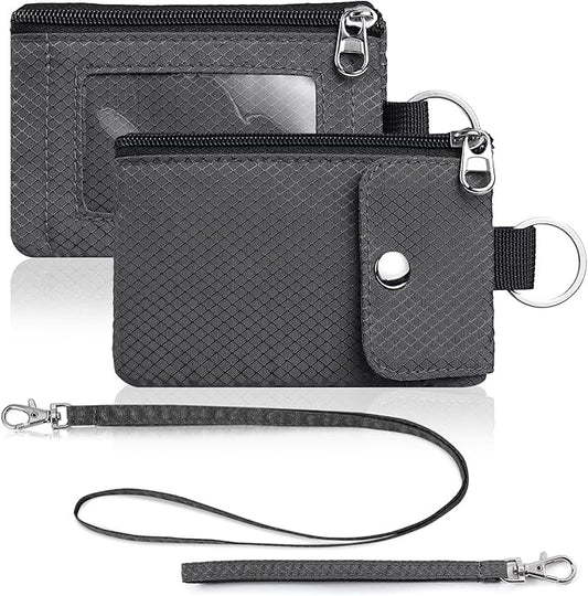 Minimalist Wallet For Mens Womens, Keychain RFID Blocking Zipper Small Wallet with ID Window 2 Lanyards,Water Resistant Travel Cash Card Coin Case Boys Girls