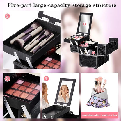 Makeup Train Case, Portable Makeup Case with Mirror, 2-Trays Cosmetic Organizer Case,Nail Polish Organizer, Travel Makeup Box, Profesional for Salon Barber, Pattern Black