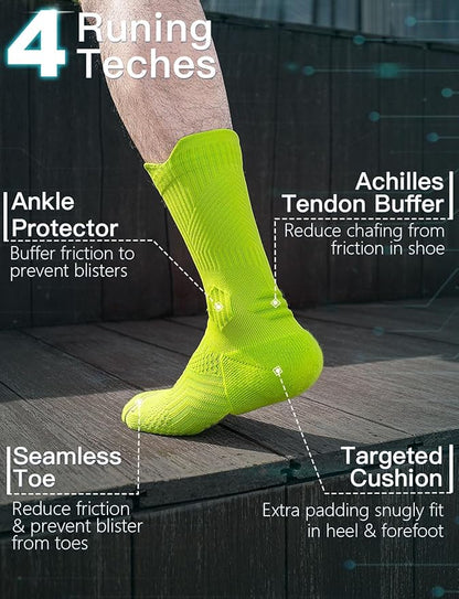Mens Bamboo Viscose Crew Compression Running Socks Athletic Hiking Cushioned Wicking Anti-Blister Seamless