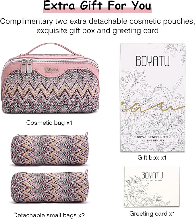 BOYATU Travel Makeup Bag for Women: Western Boho Make up Bag Set of 3 - Large Capacity Vegan Leather Cosmetic Bag - Waterproof Toiletry Bag with Compartments & Handle & Divider(J-1-Pink)