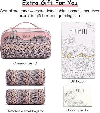 BOYATU Travel Makeup Bag for Women: Western Boho Make up Bag Set of 3 - Large Capacity Vegan Leather Cosmetic Bag - Waterproof Toiletry Bag with Compartments & Handle & Divider(J-1-Pink)