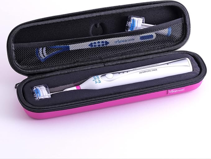 Triple Bristle Sonic Toothbrush Travel Case | Portable Breathable Toothbrush Hard Carrying Bag for Traveling, Camping, Business Trip | Mesh Pocket for Accessories | Pink