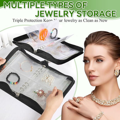 Jewelry Organizer Case Travel Clear Earring Organizer Case Transparent Jewelry Storage Book with Clear Zippered Jewelry Pouch (Black, with 48 Pcs large Jewelry Pouches)