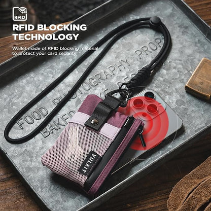 VULKIT Small RFID Wallet for Women & Men – Minimalist Zipper Wallet with ID Window, Keychain & Carabiner, Holds 15 Cards, Water Resistant Travel Lanyard Wallet Wine Pink