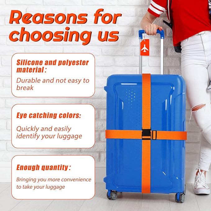Weewooday 8 Pcs Luggage Straps Suitcase Tags Set for TSA Approved, 4 Travel Adjustable Suitcase Belt, 4 Silicone Luggage Tags with Name ID Card Travel Accessories(Orange,Airplane)