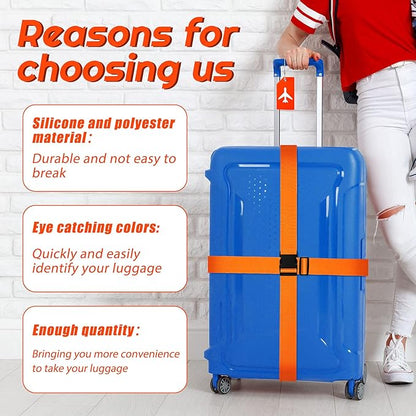 Weewooday 8 Pcs Luggage Straps Suitcase Tags Set for TSA Approved, 4 Travel Adjustable Suitcase Belt, 4 Silicone Luggage Tags with Name ID Card Travel Accessories(Orange,Airplane)