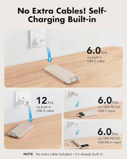 charmast 20000mAh Portable Charger with Built in Cables, 22.5W Travel Power Bank Fast Charging, USB C Cell Phone Battery Pack for iPhone 16/15/14/13/12/11 Series, iPad, Samsung, Android, Tablet