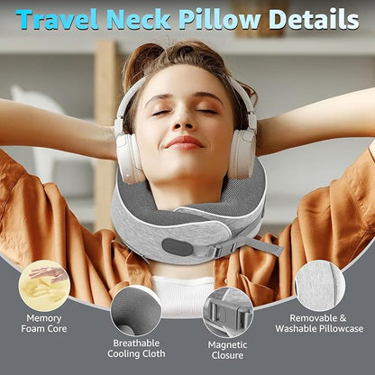 Travel Pillows for Airplanes Ergonomic Memory Foam Neck Pillow for Travel - 360° Head & Neck Support for Sleeping on Flights, Cars, Trains & Office (Gray-1)
