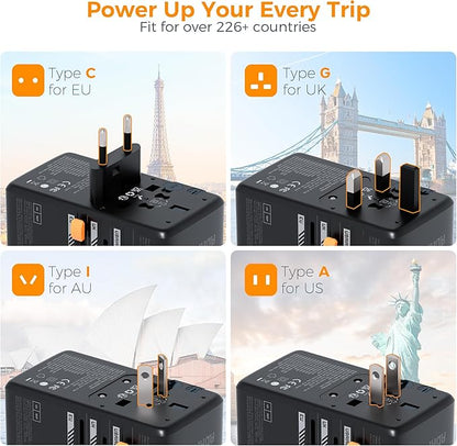 TESSAN Universal Travel Adapter, 140W GaN International Plug Adaptor with 3 USB C and 1 USB A Charging Ports, Worldwide Power Outlet for US to Europe UK AUS Ireland(Type C/G/A/I), Black