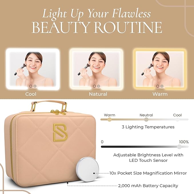 BAREZ Premium PU Leather Makeup Bag With LED Mirror - 3 Brightness Mirror Light Settings - Adjustable Dividers - Removable Mirror Waterproof Cosmetic Travel Bag - A Luxury Gift for Her (Nude)