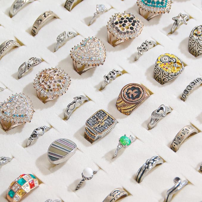 Coward Ring Organizer Jewelry Box, Beige Velvet 100 Slots Ring Display Tray Case with Transparent Glass Lid for Home Use or Store Selling Show