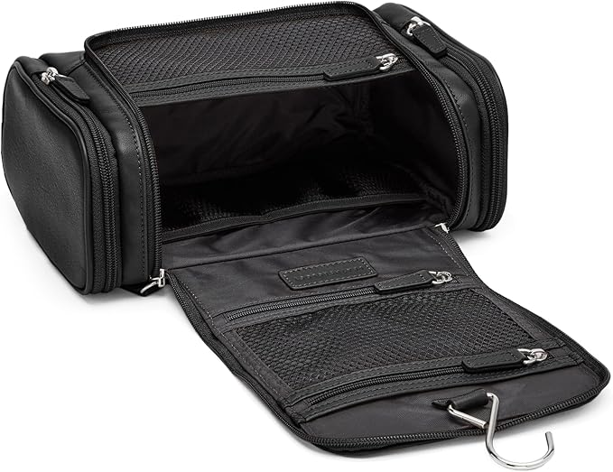 Leatherology Black Onyx Small Hanging Toiletry Kit – Compact Leather Travel Organizer with Interior Zip Pockets, Mesh Pouches & Hanger | Full-Grain Leather Toiletry Bag for Men & Women