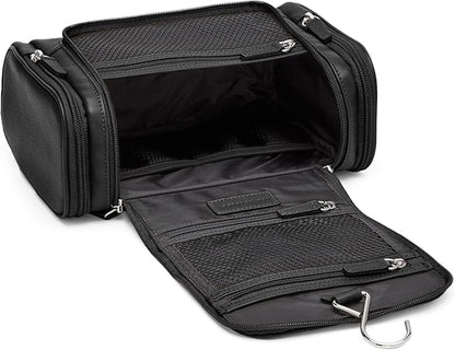 Leatherology Black Onyx Small Hanging Toiletry Kit – Compact Leather Travel Organizer with Interior Zip Pockets, Mesh Pouches & Hanger | Full-Grain Leather Toiletry Bag for Men & Women