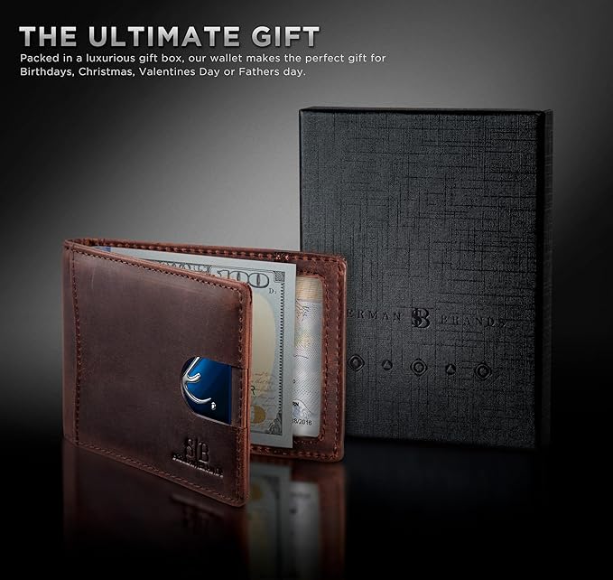 SERMAN BRANDS RFID Blocking Slim Bifold Genuine Leather Minimalist Front Pocket Wallets for Men with Money Clip Thin Mens