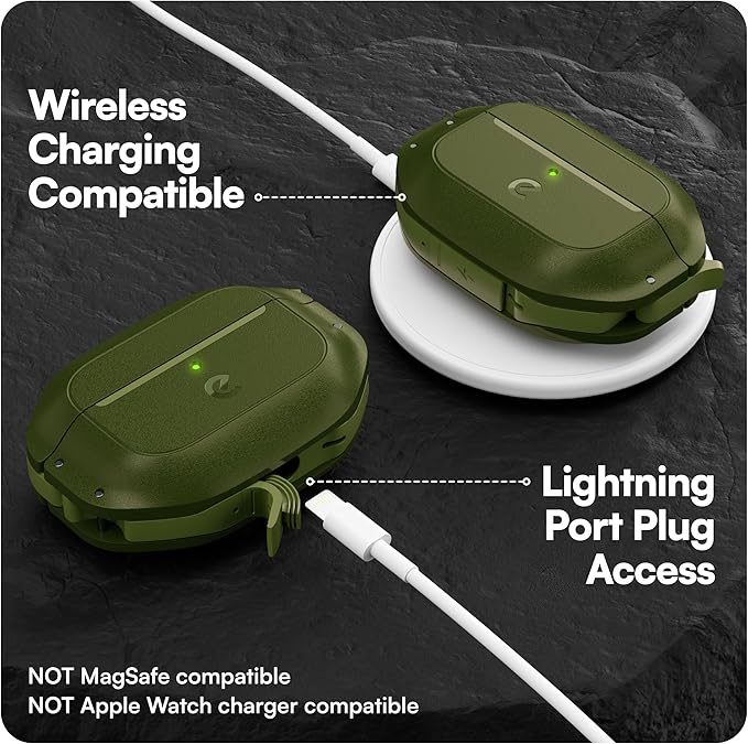 Keybudz for AirPods Pro 2 Case with Lock - Fully Waterproof AirPods Pro 2nd Generation Case Cover - Keychain, Rugged Tough Protection, Hard Shell and Carabiner for USB-C/Lightning (Forest Green)