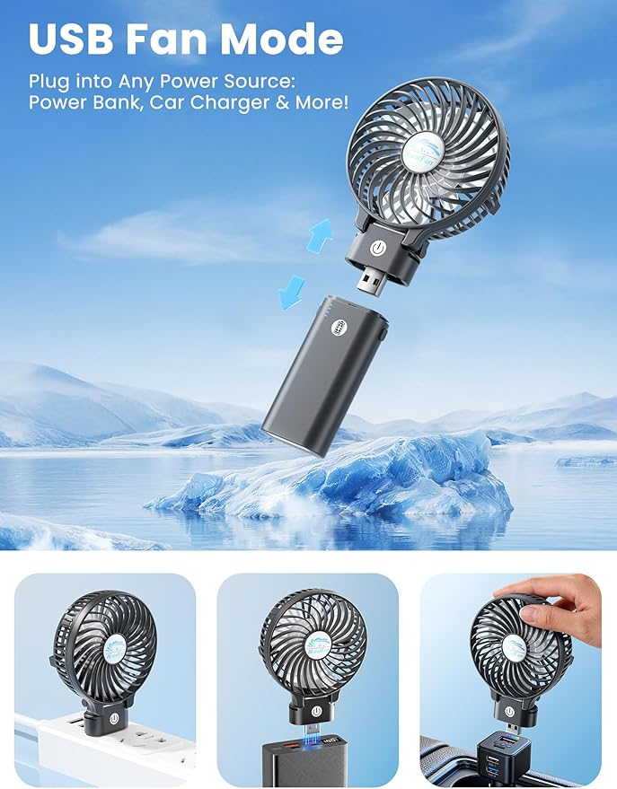 HandFan 5200mAh Portable Handheld Fan, Personal Hand Held Fan USB Rechargeable, 180° Foldable Portable & Detachable Handle Design,3 Speeds Strong Airflow Cooling for Travel/Outdoors/Indoors (Black)