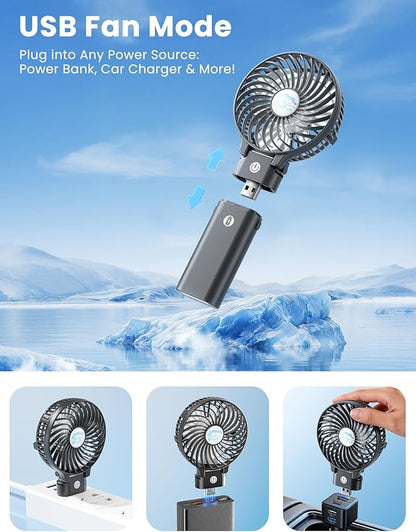 HandFan 5200mAh Portable Handheld Fan, Personal Hand Held Fan USB Rechargeable, 180° Foldable Portable & Detachable Handle Design,3 Speeds Strong Airflow Cooling for Travel/Outdoors/Indoors (Black)