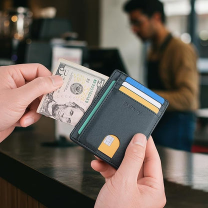 Buffway Slim Minimalist Front Pocket RFID Blocking Leather Wallets for Men and Women - Cross Blackish Green
