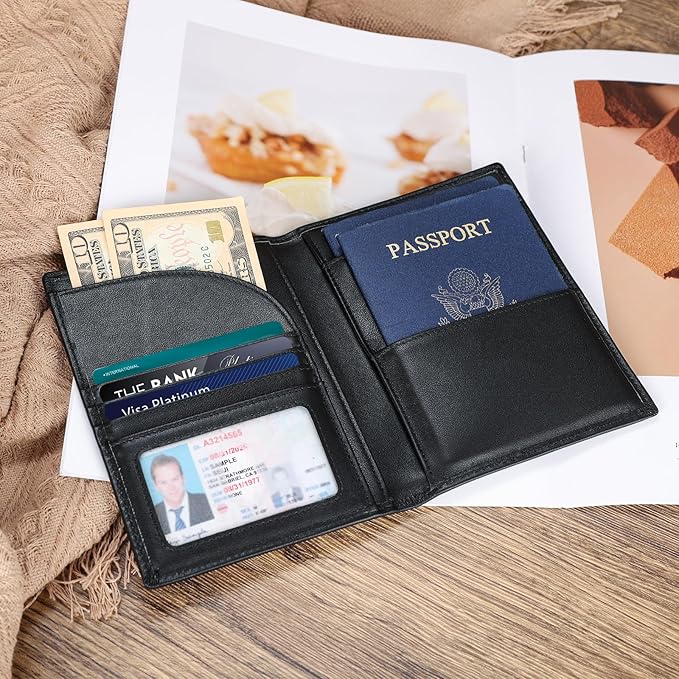 Polare Napa Leather Passport Holder RFID Blocking Travel Bifold Wallet Passport Holders 2 Passports (Black)