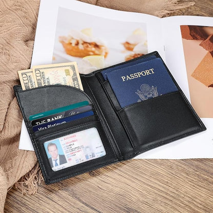 Polare Napa Leather Passport Holder RFID Blocking Travel Bifold Wallet Passport Holders 2 Passports (Black)