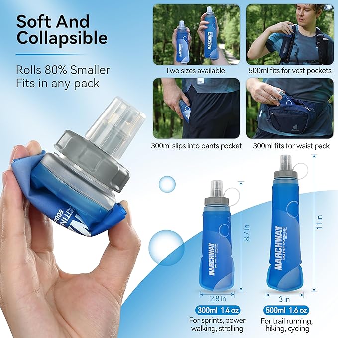 MARCHWAY Soft Hydration Flask with Wide Mouth, 300ml/500ml Collapsible TPU Water Bottle, Leakproof Portable Flexible for Running, Hiking, Cycling, Climbing, Gym, Travel (2pcs Dark Blue 500ml)