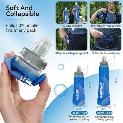 MARCHWAY Soft Hydration Flask with Wide Mouth, 300ml/500ml Collapsible TPU Water Bottle, Leakproof Portable Flexible for Running, Hiking, Cycling, Climbing, Gym, Travel (2pcs Dark Blue 500ml)