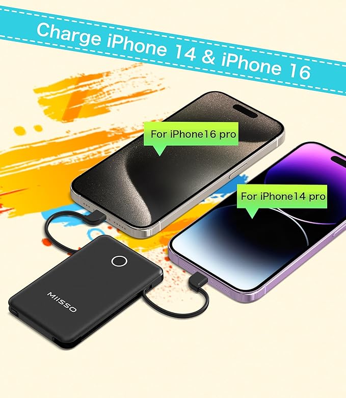 miisso 6000mah Ultra Slim Built in Cables Power Bank, Card Size Built in USB C Cords Battery Pack Portable Charger for Phones, 3 Output External Battery Pack Compatible with iPhone, Deep Black