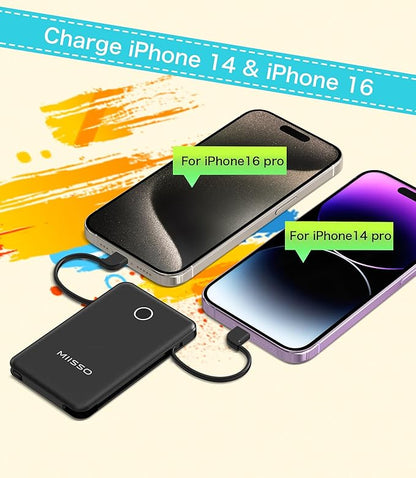 miisso 6000mah Ultra Slim Built in Cables Power Bank, Card Size Built in USB C Cords Battery Pack Portable Charger for Phones, 3 Output External Battery Pack Compatible with iPhone, Deep Black