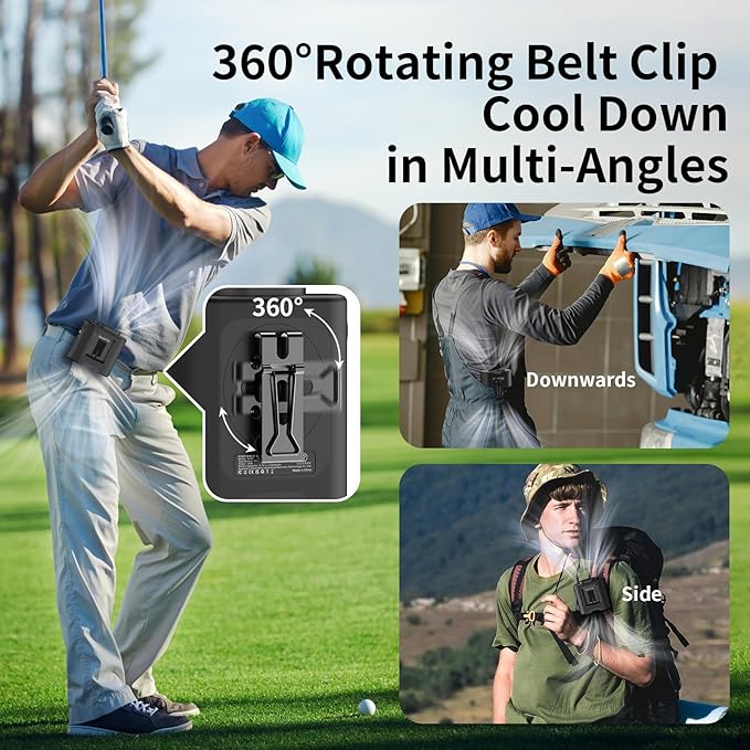 Socool 14500mAh Portable Waist Fan Clip on Belt 360 Rotation Wearable Rechargeable Personal Shirt Fan, 67H Cooling 5-Speed Battery Operated Fans with Light, Neck Fan Hanging for Outdoor Camping Travel