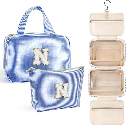 YOOLIFE Hanging Toiletry Bag for Women - Large Travel Toiletry Bag Makeup Bag, Portable Toiletries Cosmetic Bag, Airplane Travel Essentials - Letter N, Blue