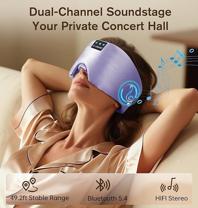 LC-dolida Luxurious Silk Soft Sleep Mask, Sleep Headphones with Bluetooth 5.4 for Side Sleeper, Total Blackout Eye Sleeping Mask for Women and Men, Ideal Gift for Restful Sleep, Travel(Light Purple)