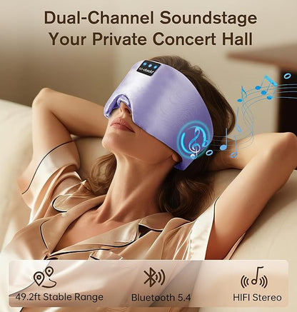 LC-dolida Luxurious Silk Soft Sleep Mask, Sleep Headphones with Bluetooth 5.4 for Side Sleeper, Total Blackout Eye Sleeping Mask for Women and Men, Ideal Gift for Restful Sleep, Travel(Light Purple)