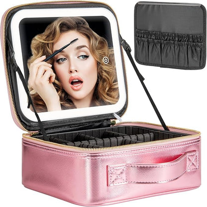 Makeup Travel Train Case with Mirror LED Light 3 Adjustable Brightness Large Cosmetic Bag Portable Storage Adjustable Partition Waterproof Makeup Brushes Make up Jewelry Gift for Women
