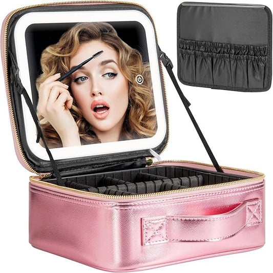 Makeup Travel Train Case with Mirror LED Light 3 Adjustable Brightness Large Cosmetic Bag Portable Storage Adjustable Partition Waterproof Makeup Brushes Make up Jewelry Gift for Women