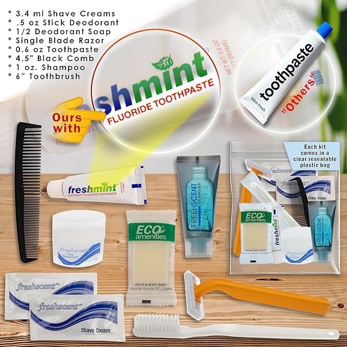 Moda West 24 Kits - Bulk Case of Wholesale Deluxe Toiletries Bathroom Essentials Men, Women, Travel, Charity, Homeless Shelters - 9 Piece Kit, Travel-Ready, Donation Ready, Essential Hygiene Products